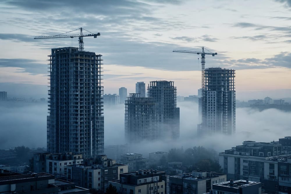 Панорама квартала новостроек ранним утром